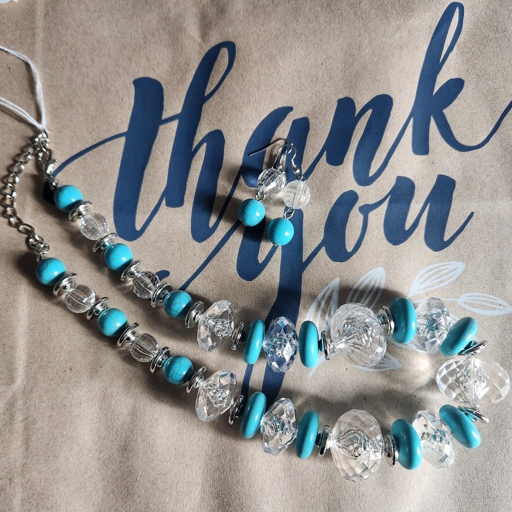 Ladies Fashion Faux Turquoise Pierce Earring Necklace Set